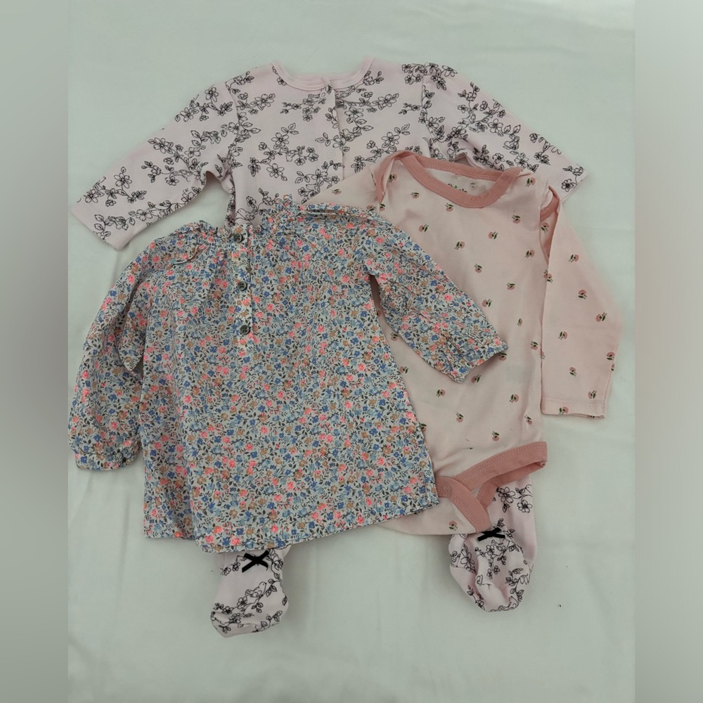 NWOT 9m Floral Bundle - Little Me & Chickpea onesies  w/Carters shirt